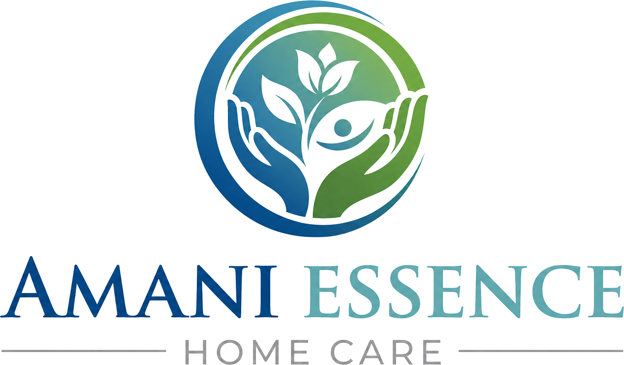 Amani Essence Home Care logo: hands cradling a growing plant