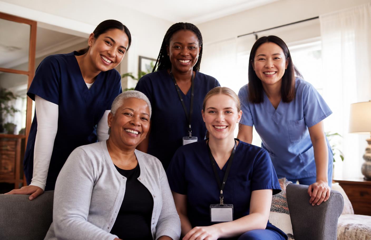 A diverse team of home caregivers smiling together in a bright living room