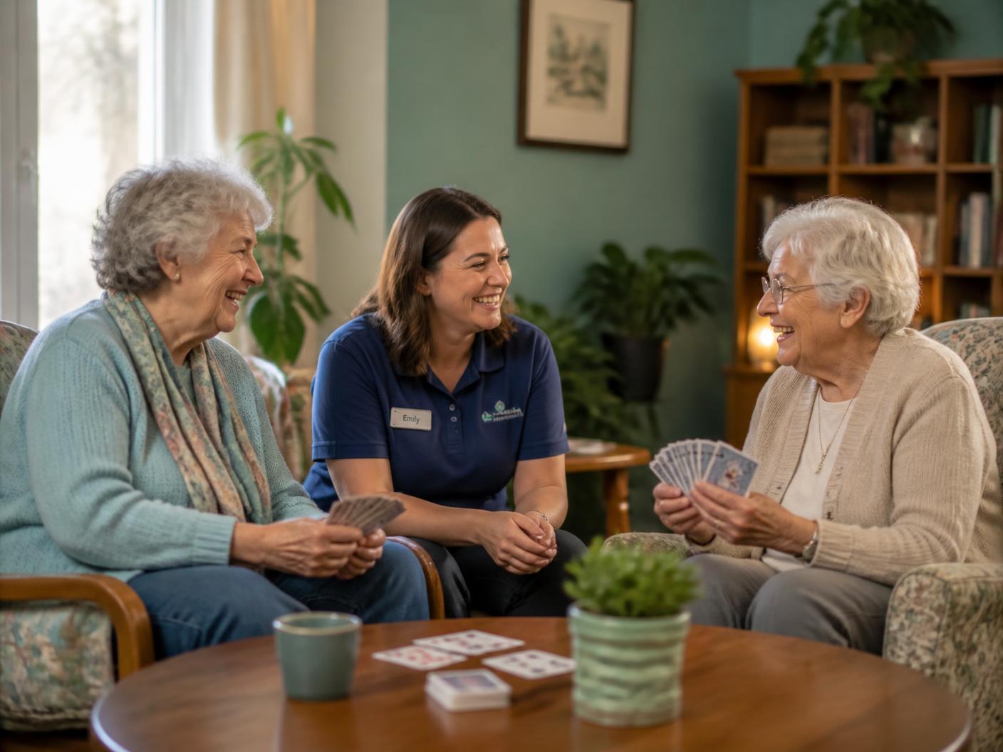 Two older women playing cards with their caregiver in a comfortable living room