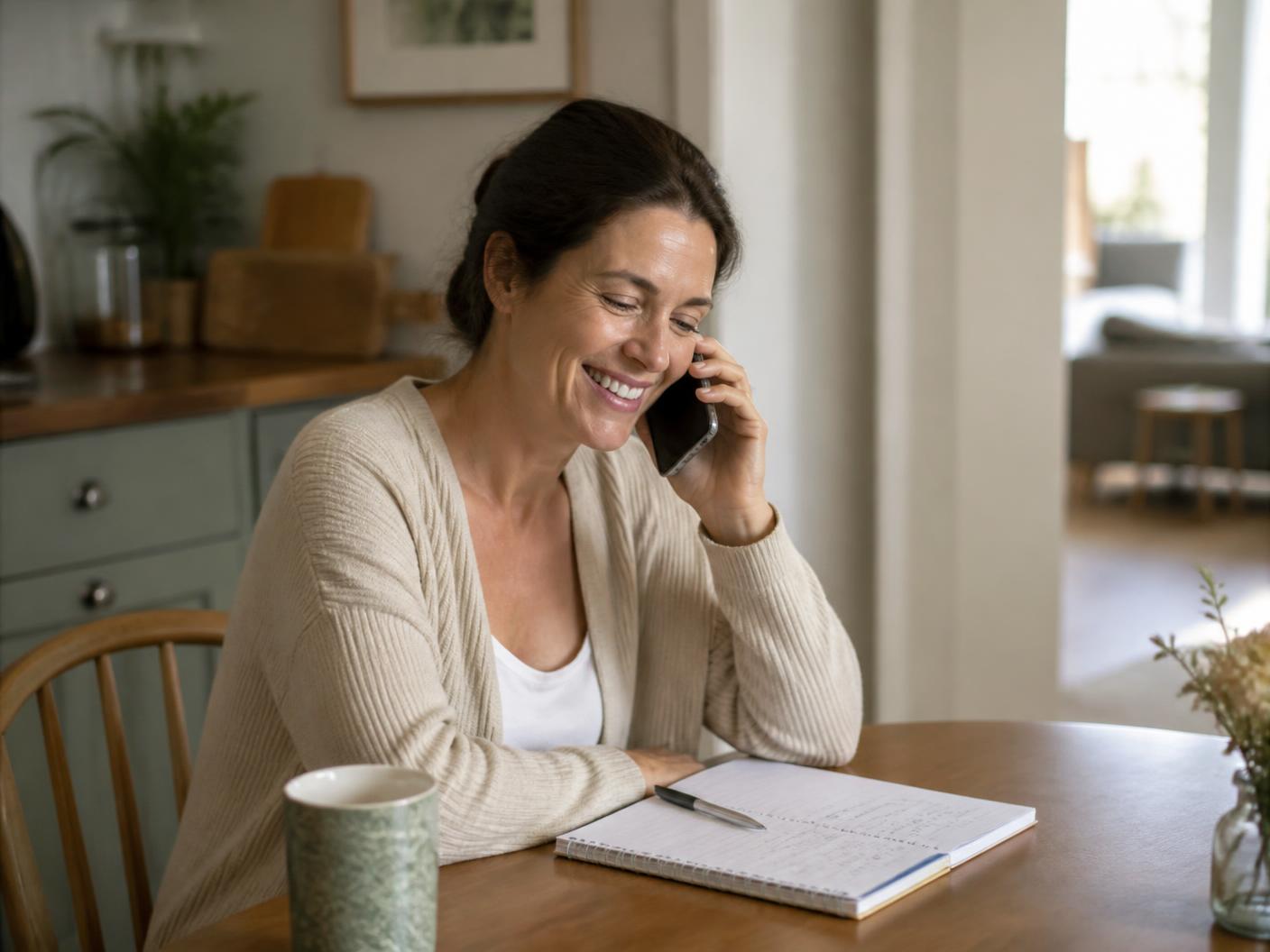 A daughter smiling on the phone at her kitchen table while arranging care for her parent