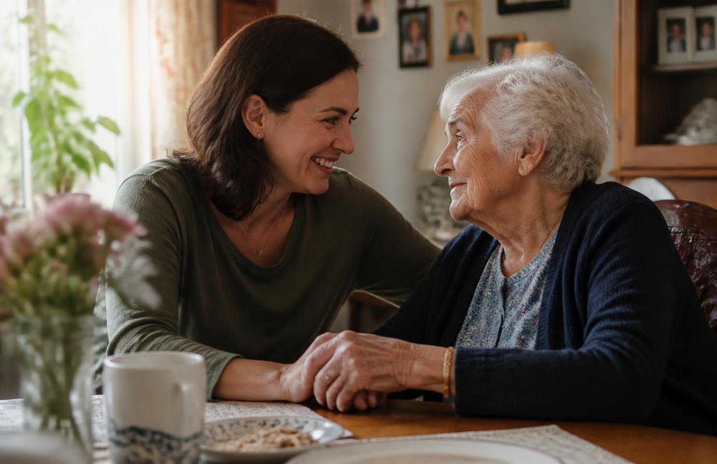 An adult daughter holding her mother's hand at a sunlit dining table at home