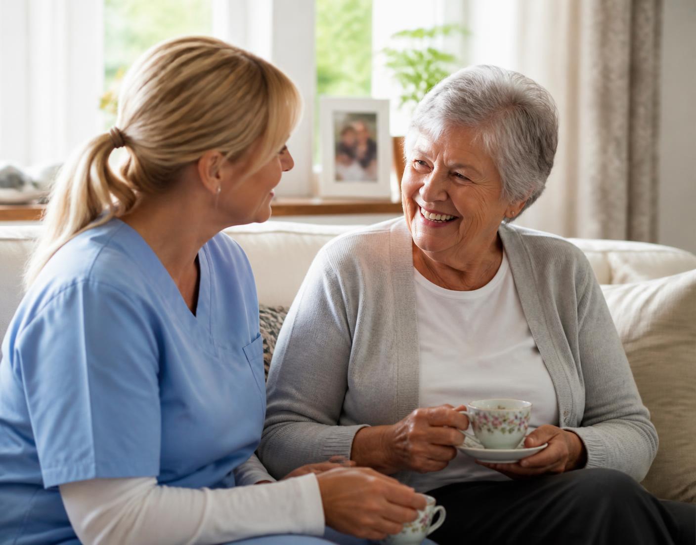 A caregiver and an older woman smiling together over tea in a bright, comfortable living room