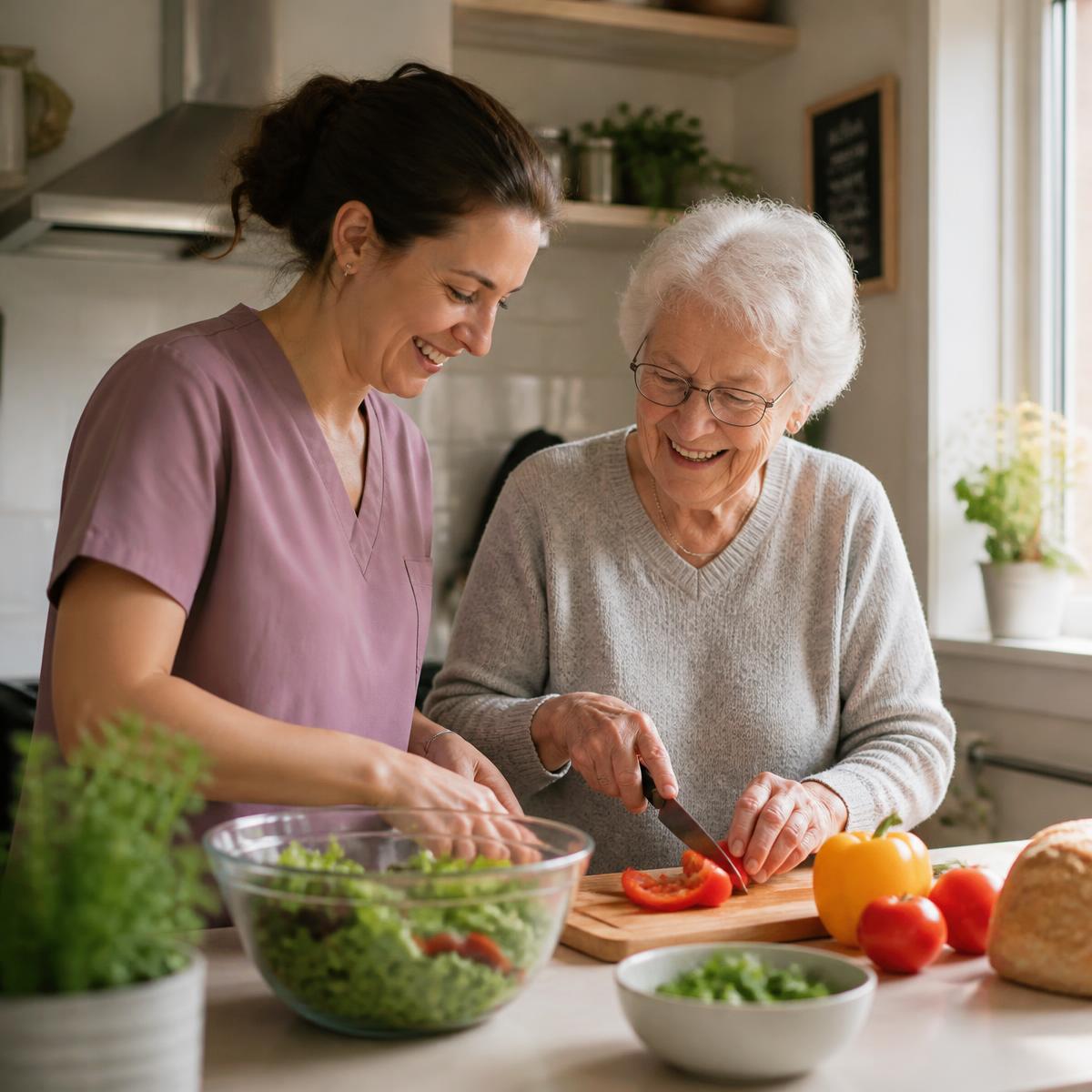 A caregiver and an older woman preparing a fresh meal together in a bright kitchen