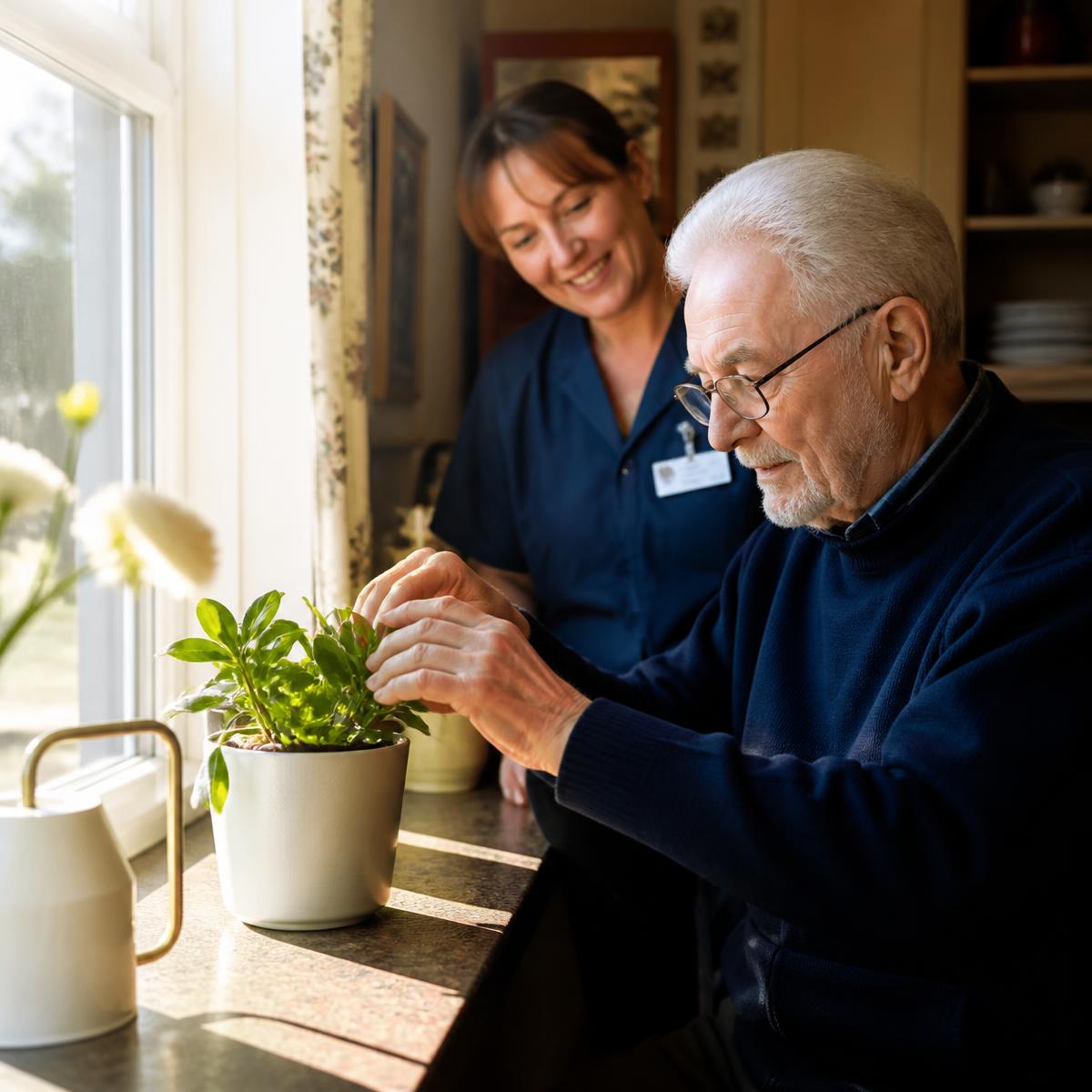 An older man tending a small plant on a sunlit windowsill while his caregiver looks on